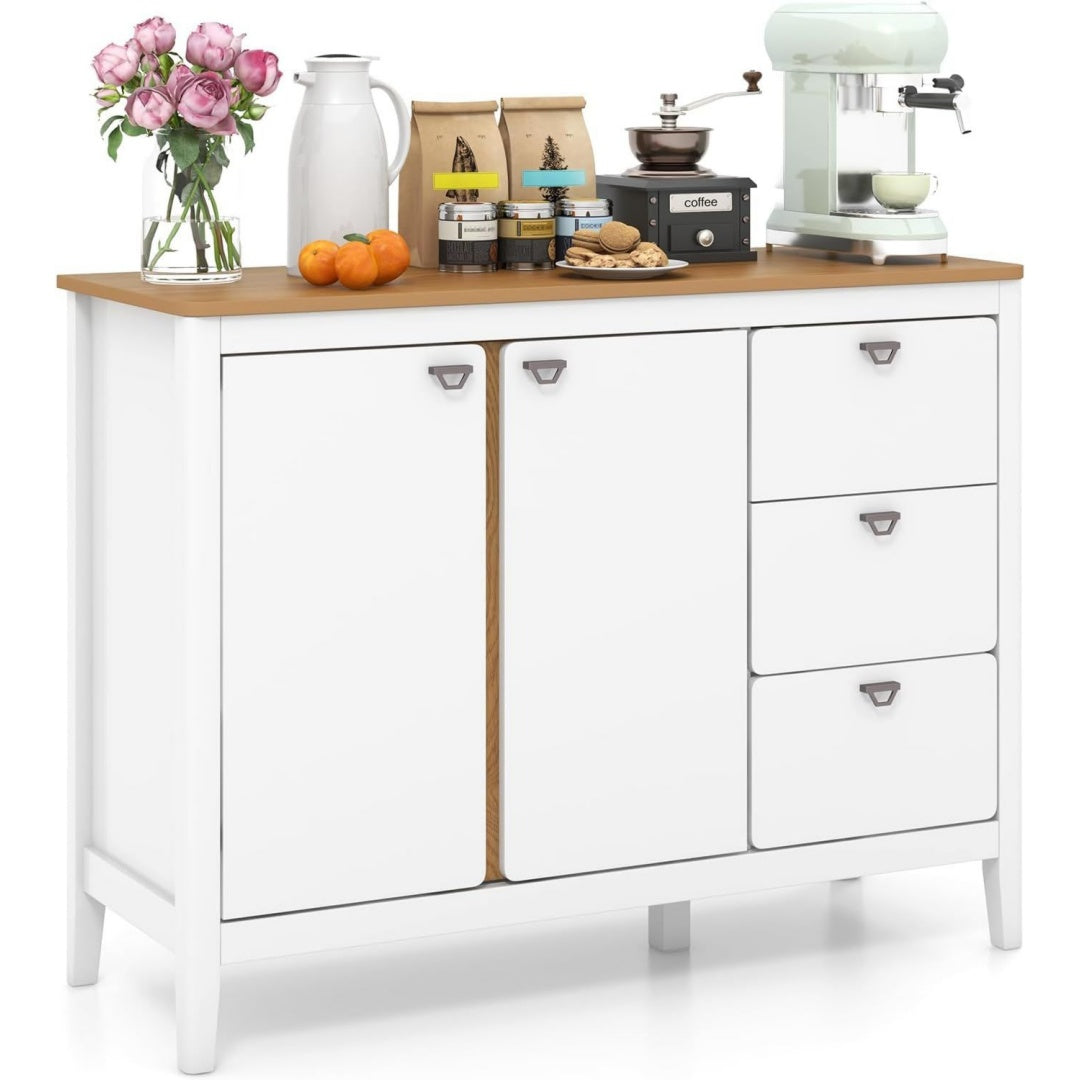 Credence gris clair a 2 portes 3 tiroirs, rangement compact