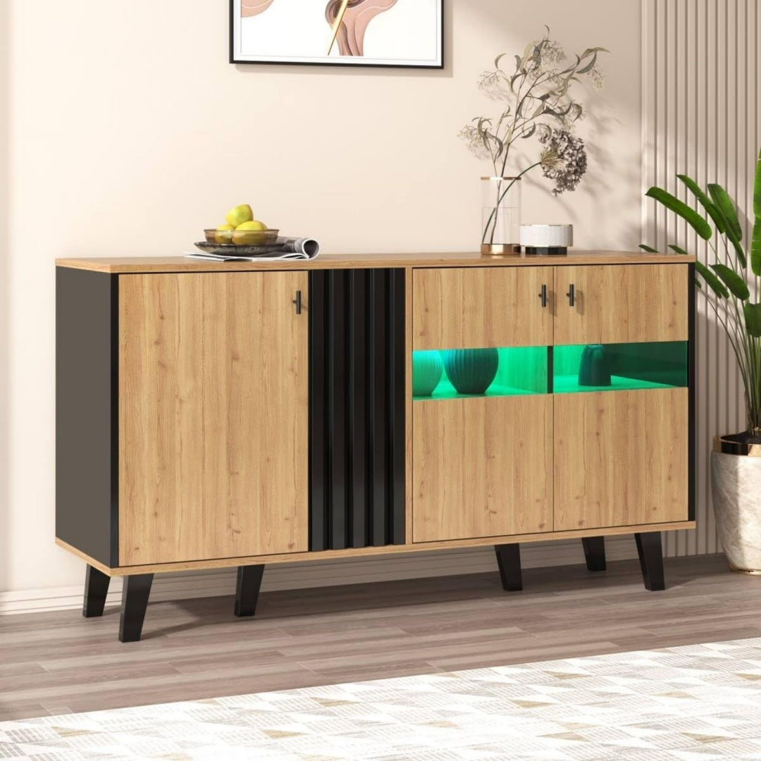 Enfilade creme 2 etageres de rangement, bois ingenierie finition rustique