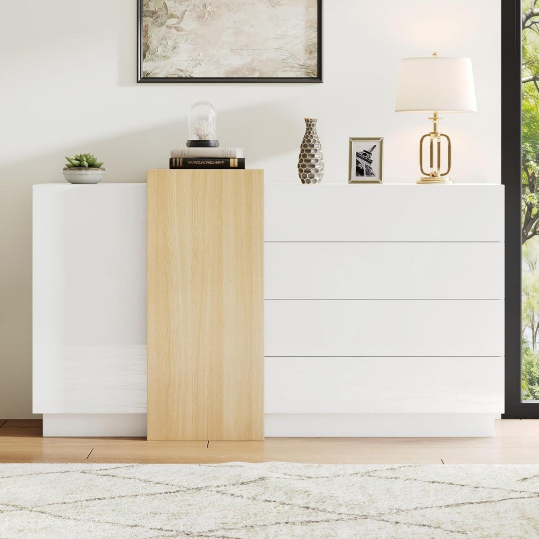 Buffet gris clair, quatre tiroirs, deux portes, assemblage facile