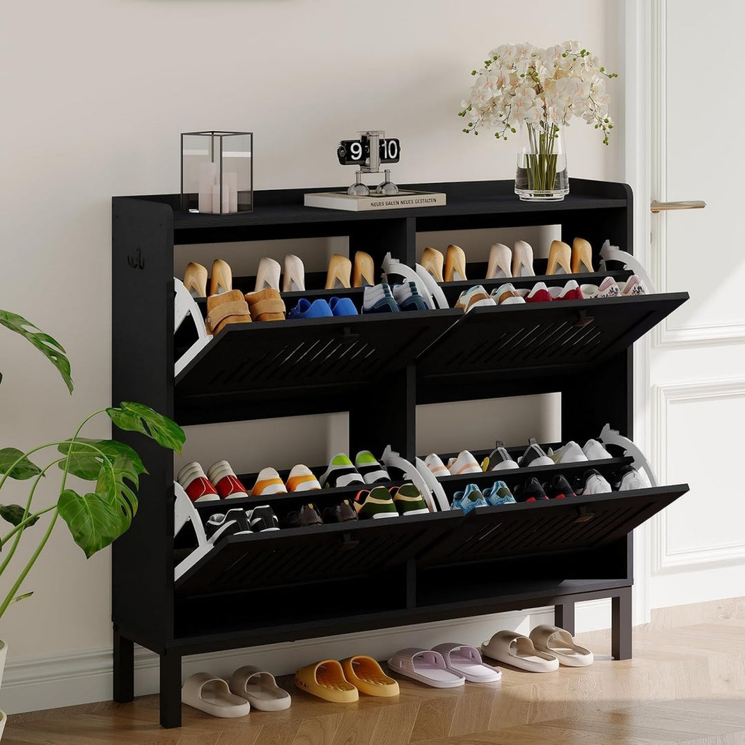 Range-chaussures gris en bois, plateau relevable 115.0 x 41.0 x 21.0 cm