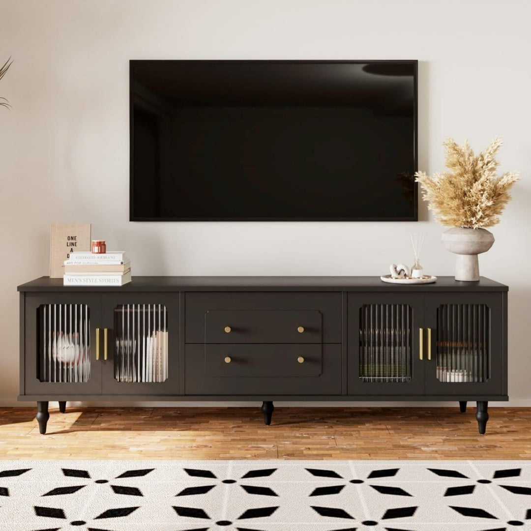 Meuble TV en bois massif gris fonce