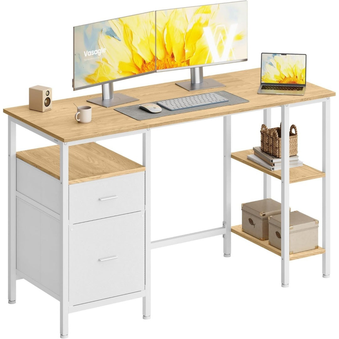 Table de bureau gris clair 3 etageres de rangement, acier design moderne