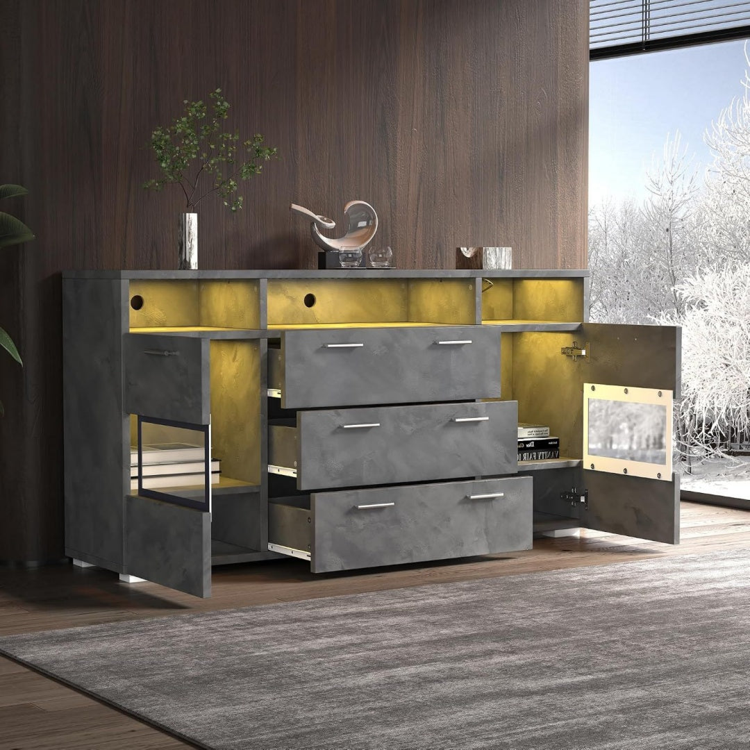 Buffet gris fonce, rangement, trois tiroirs, deux portes, usage domestique