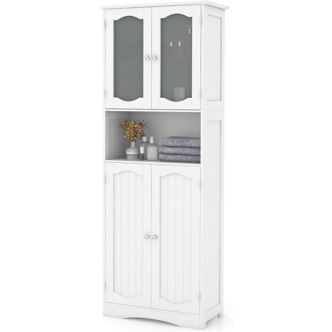 Meuble colonne en verre trempe, gris clair trois etageres, style epure